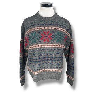 Vintage Gap Sweater Men's Medium Gray Nordic 100% Shetland Wool Crew Pullover